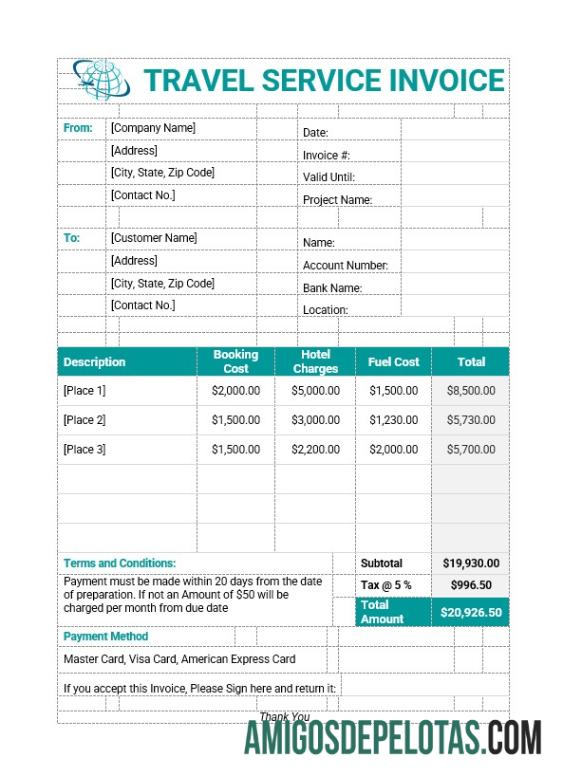 em branco Exemplo de modelo de fatura de serviço de viagem